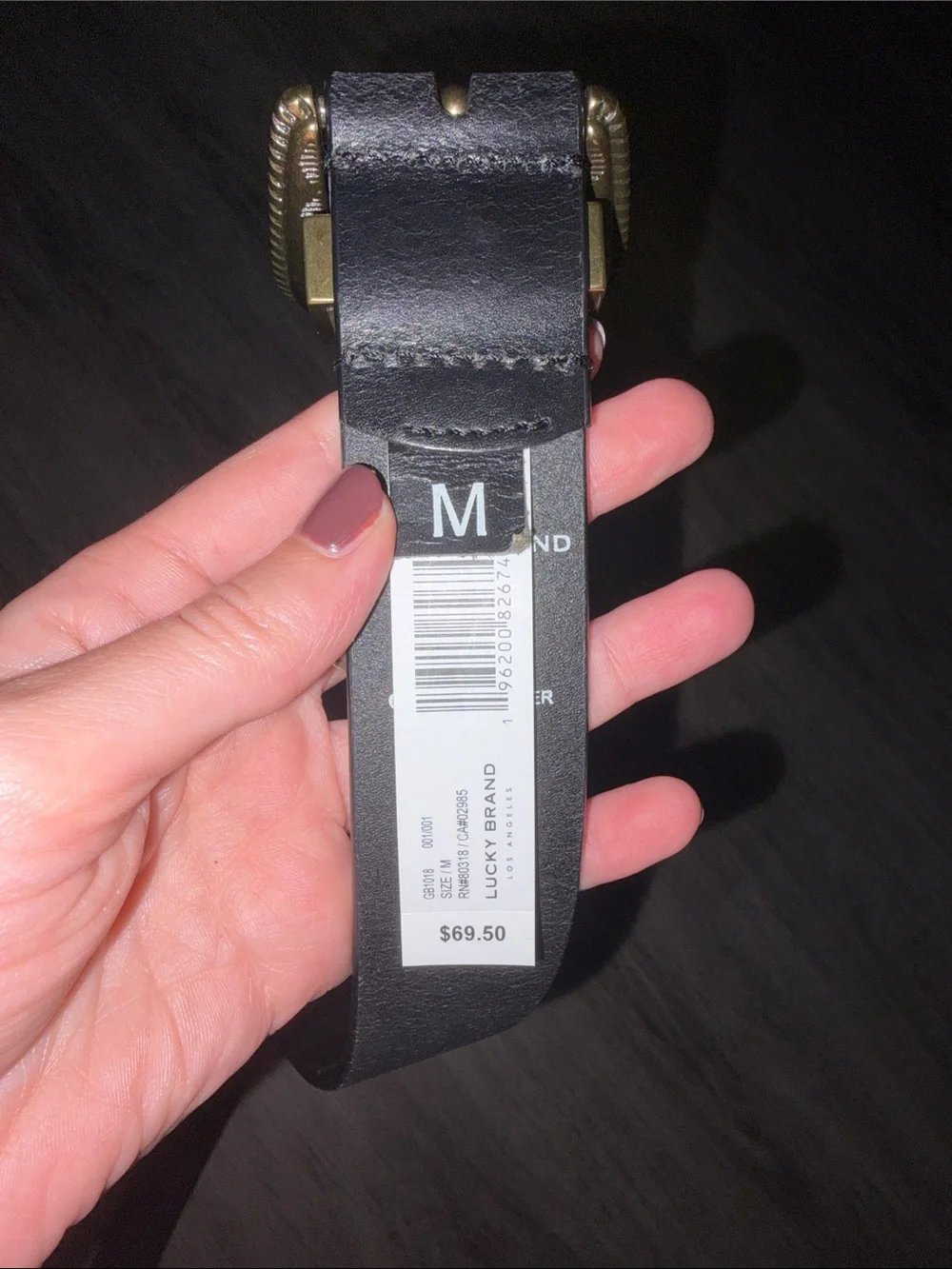 Lucky Brand Black Genuine Leather Belt with Distressed Western Gold Buckle